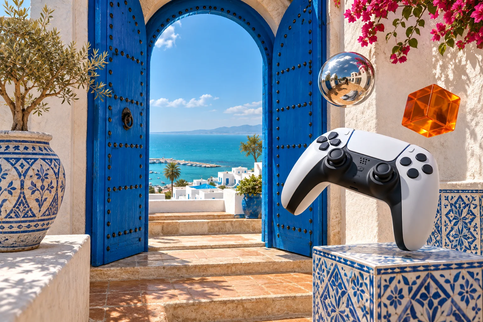 A floating gaming controller beside a Tunisian blue doorway overlooking the Mediterranean