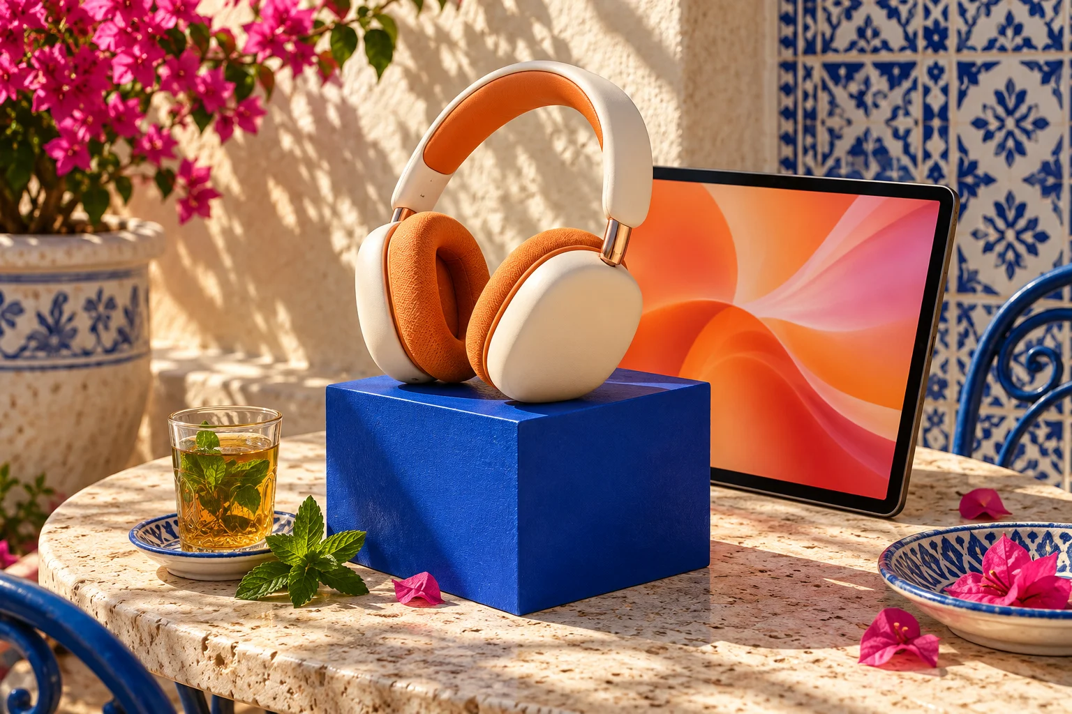 Headphones and a tablet on a sunlit Tunisian cafe table with mint tea
